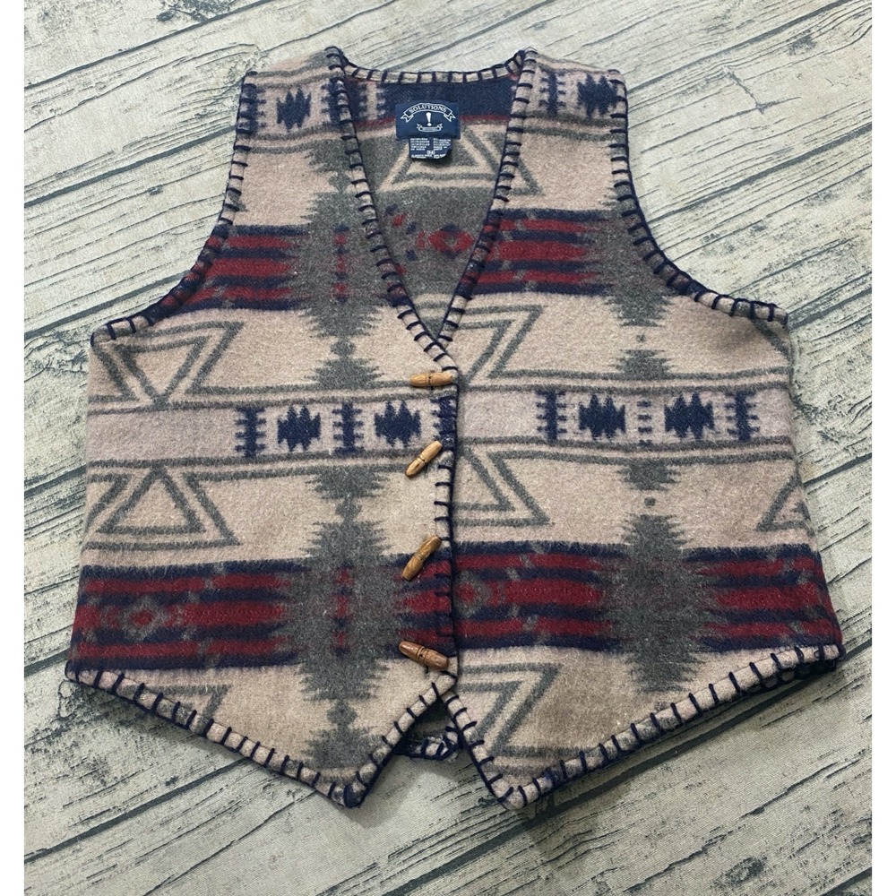 Solutions Vtg Womens 80s 90s Aztec Southwest Vest Wool Blend Toggle Native Knit